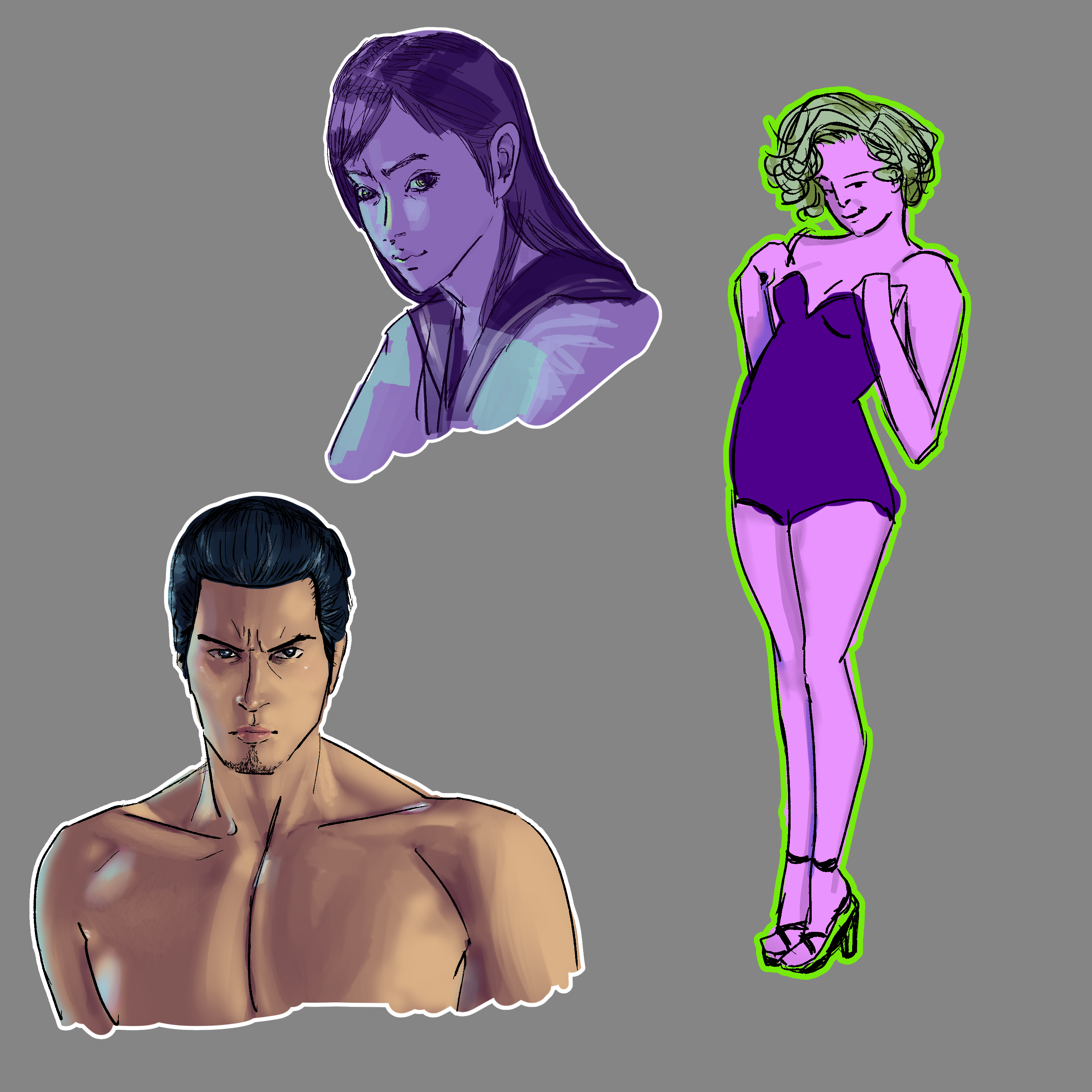 doodles of marilyn monroe, kiryu kazuma, and haruka sawamura